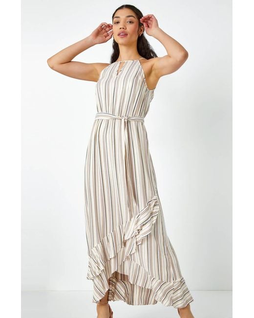Roman White Stripe Print Frill Detail Maxi Dress