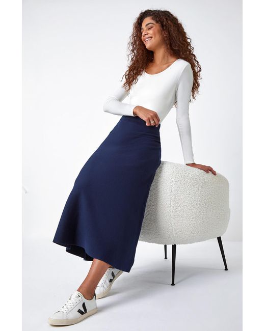 Roman Blue Plain Elastic Waist Knitted A Line Midi Skirt
