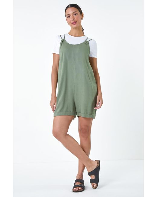 Roman Green Cotton Linen Blend Pocket Playsuit