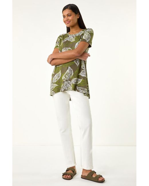 Roman Green Leaf Print Stretch Top