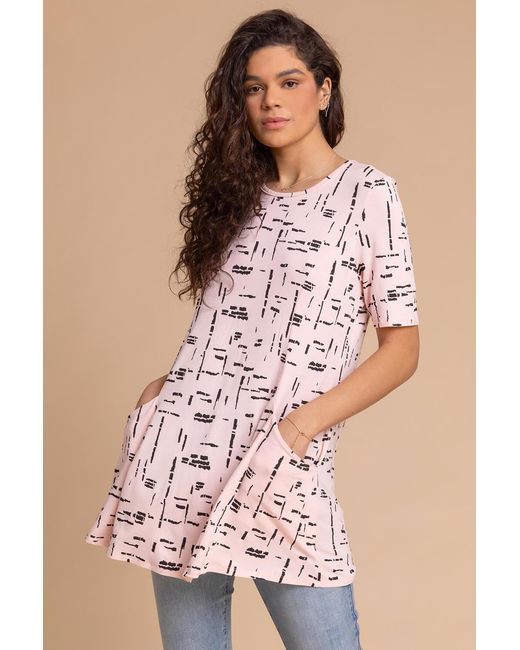 Roman Pink Abstract Pocket Stretch Swing Tunic Top