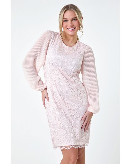 Roman Pink Originals Petite Pleated Sleeve Lace Shift Dress