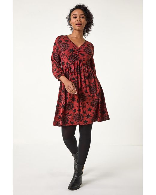Roman Petite Red Floral Ruched Stretch Dress