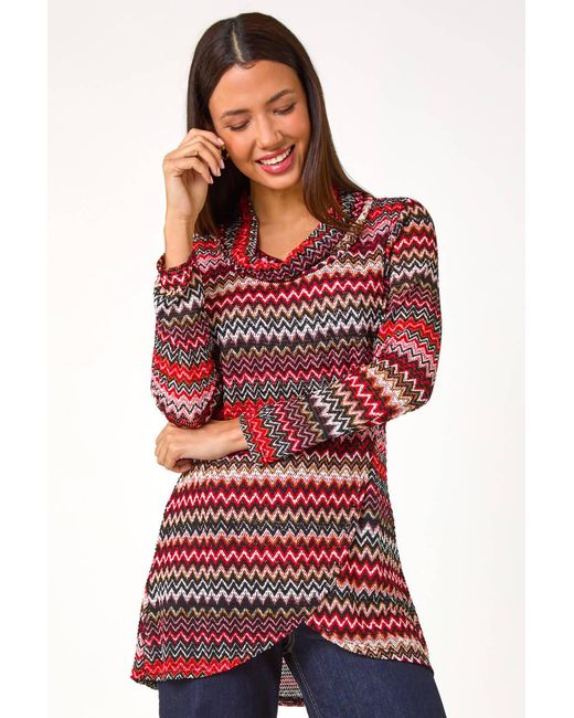Roman Red Aztec Print Cowl Neck Stretch Top