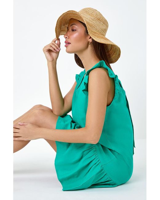 Roman Blue Linen Blend Frill Detail Dress
