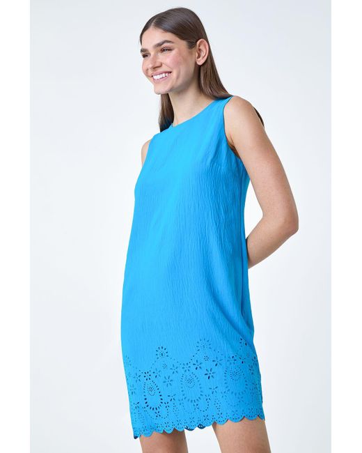 Roman Blue Floral Hem Textured Shift Dress