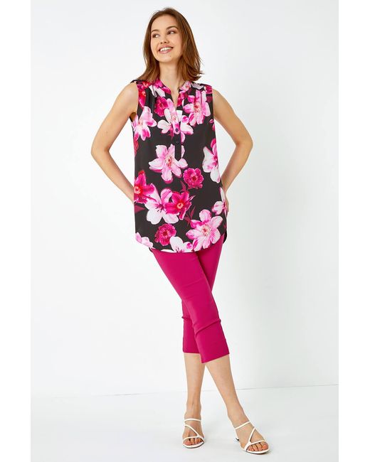 Roman Pink Sleeveless Floral Print V-Neck Tunic Top