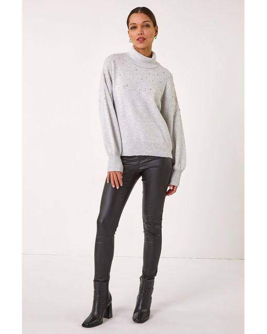 Roman White Faux Pearl Roll Neck Knit Jumper