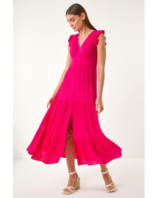 Roman Pink Crinkle Tiered Frill Maxi Dress
