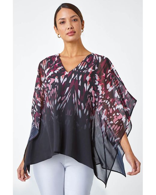 Roman Purple Abstract Print Chiffon Overlay V-Neck Top