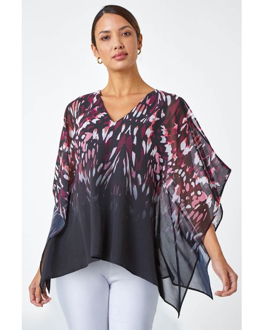 Roman Purple Abstract Print Chiffon Overlay V-Neck Top