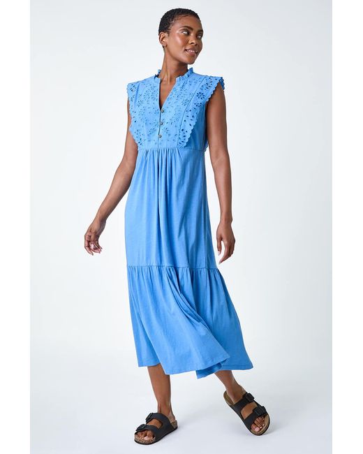 Roman Blue Broderie Frilled Cotton Midi Dress