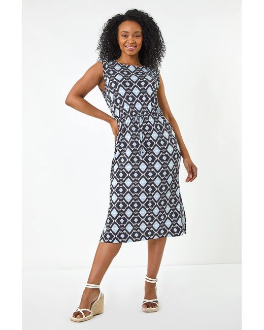 Roman Petite Blue Geometric Drawstring Dress