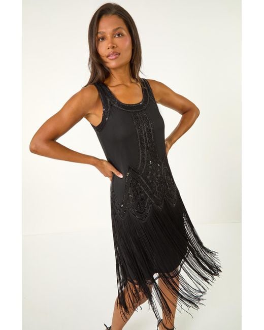 Roman Black Sequin Fringe Flapper Midi Dress