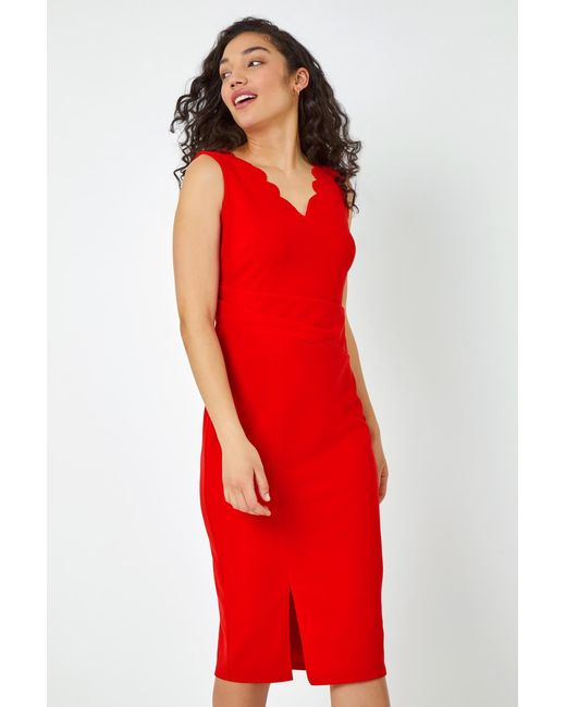 D.u.s.k Red Scallop Detail Midi Stretch Dress