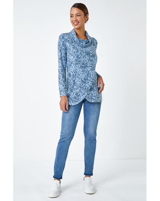 Roman Blue Floral Print Cowl Neck Stretch Top