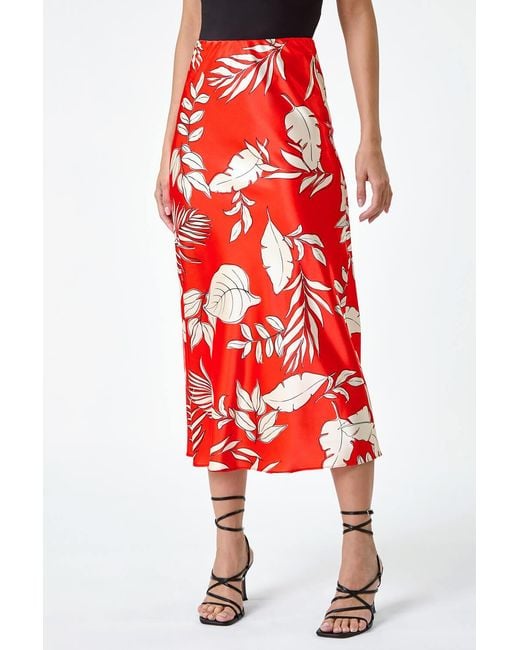 D.u.s.k Red Floral Satin A-Line Midi Skirt