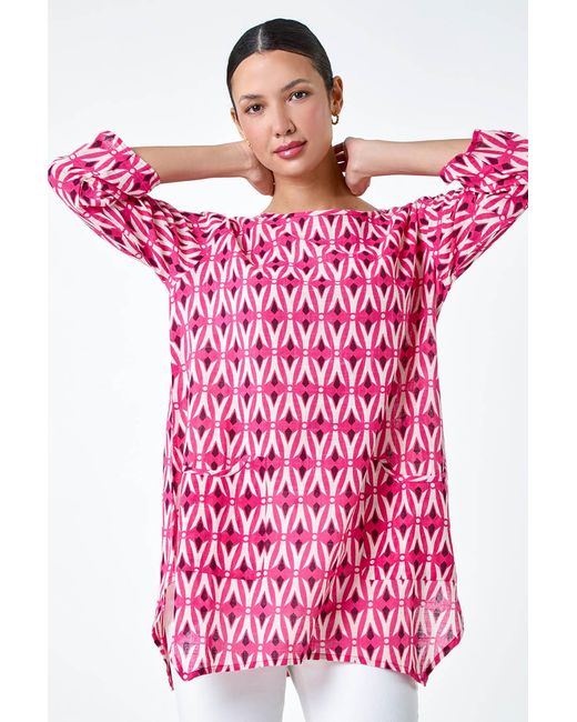 Roman Red Cotton Geometric Pocket Longline Tunic Top