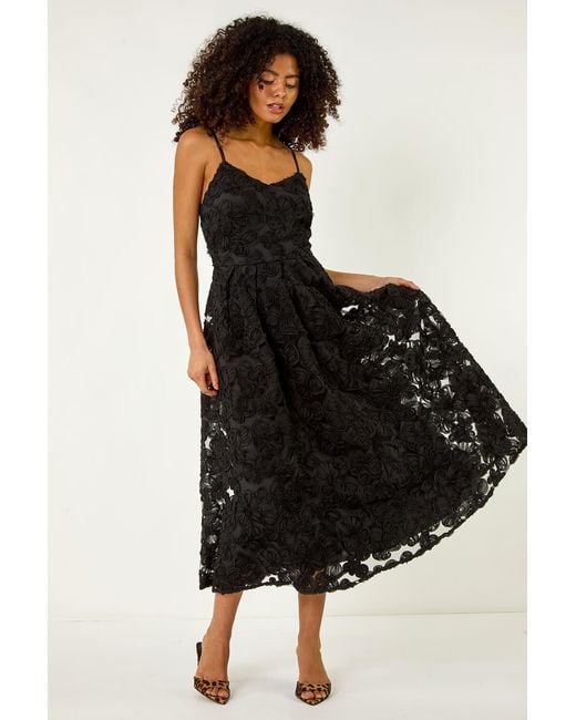D.u.s.k Black Floral V-Neck Strap Midi Dress