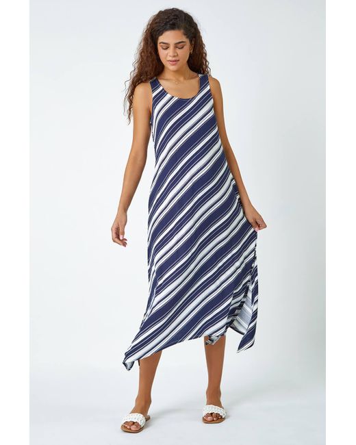 Roman Blue Stripe Print Midi Smock Stretch Dress