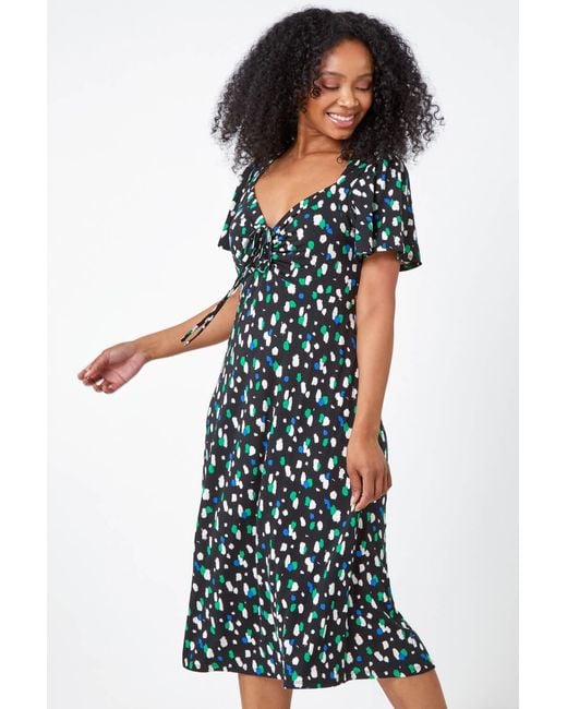 Roman Petite Blue Spot Ruched Stretch Midi Dress