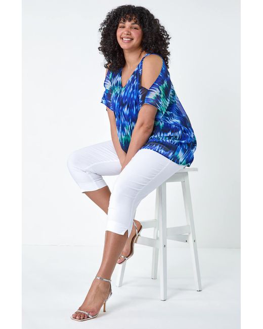 Roman Blue Curve Abstract Print Overlay Top
