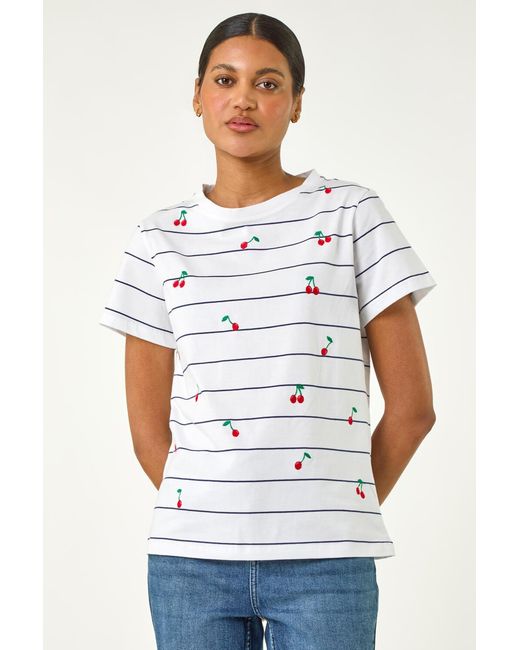 Roman Blue Cherry Embroidered Stripe T-Shirt
