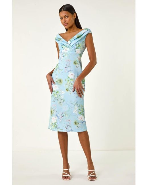 Roman Blue Off The Shoulder Floral Dress