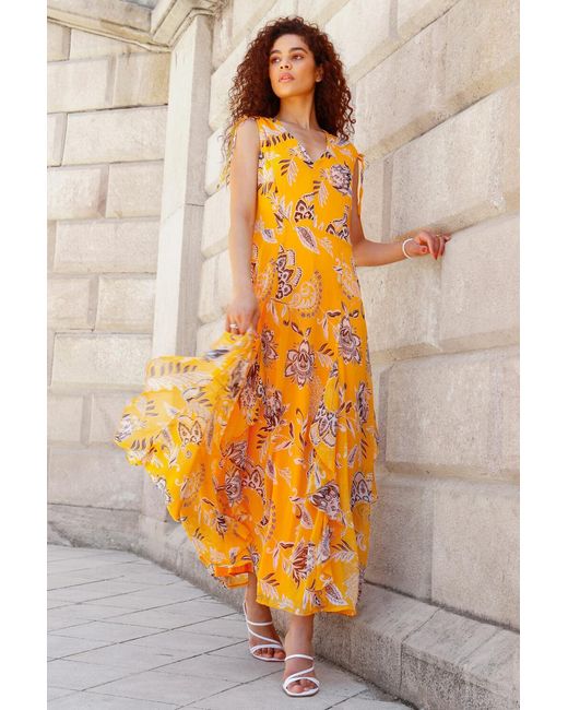 Roman Yellow Sleeveless Floral Frill Maxi Dress