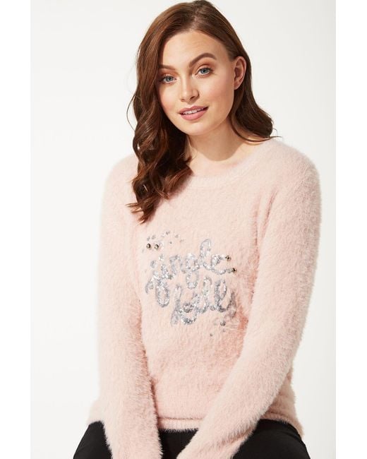 Roman Pink Jingle Bells Sequin Fluffy Christmas Knitted Jumper