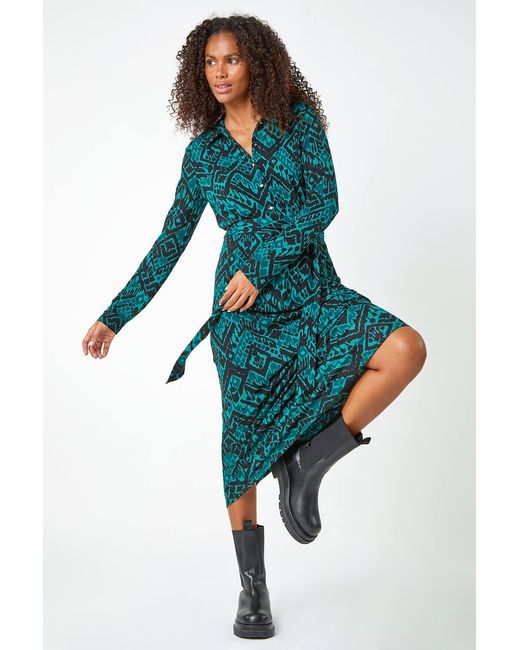 D.u.s.k Blue Abstract Print Midi Stretch Shirt Dress