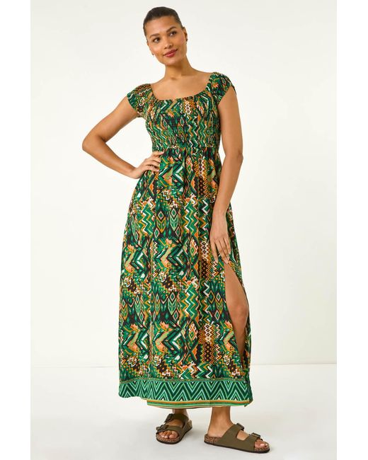 Roman Green Abstract Bardot Shirred Maxi Dress