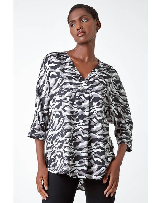 Roman Metallic Animal Print Button Detail V-Neck Top