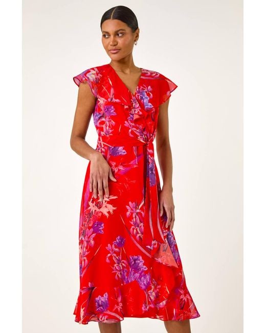 Roman Red Floral Print Ruffle Wrap Front Midi Dress