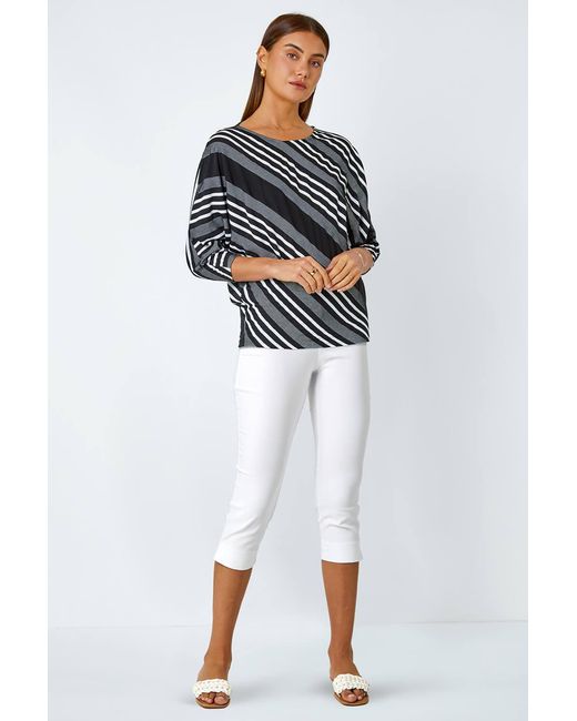 Roman Black Relaxed Stripe Print Stretch Top