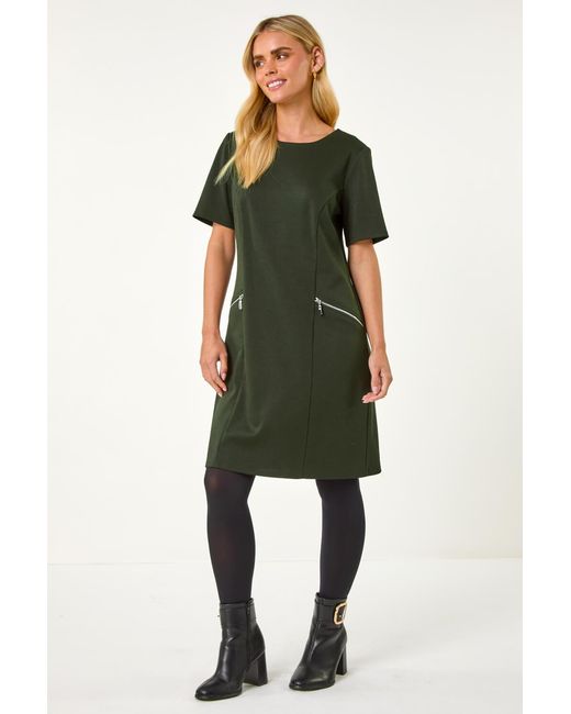 Roman Petite Green Zip Detail Pocket Shift Dress