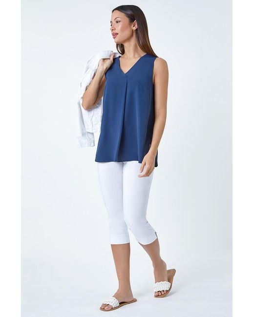 Roman Blue V-Neck Sleeveless Pleat Chiffon Vest Top