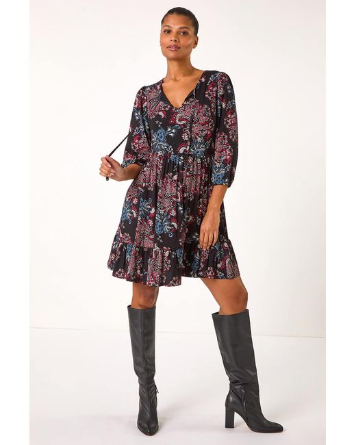 Roman Black Paisley Tie Frill Dress