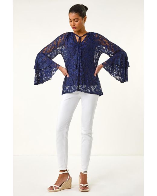 Roman Blue Tie Neck Lace Detail Top