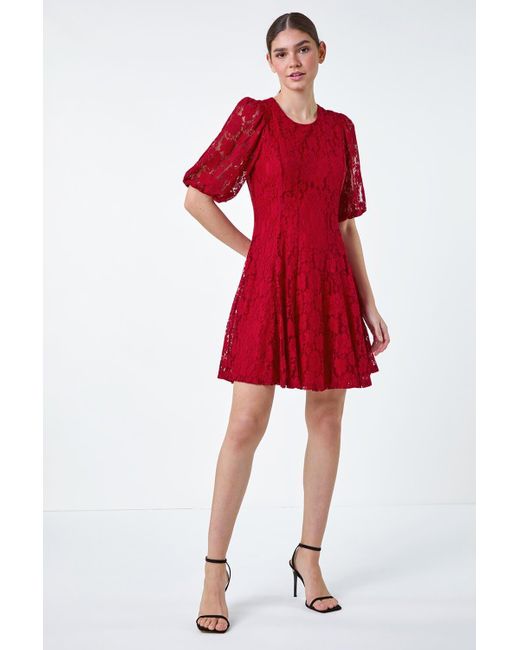 Roman Red Cotton Blend Lace Bell Sleeve Dress