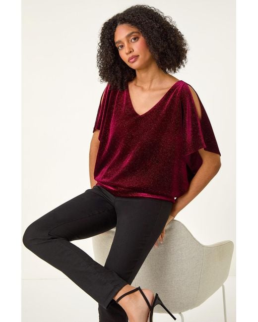 Roman Red Glitter Velvet Banded Hem Stretch Top