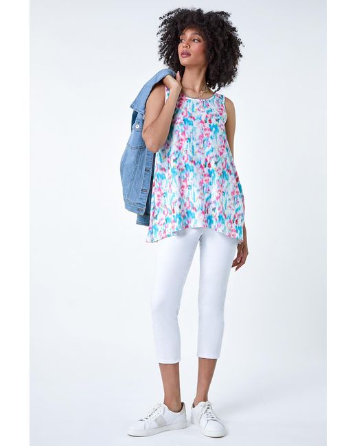 Roman White Printed Hanky Hem Stretch Vest Top