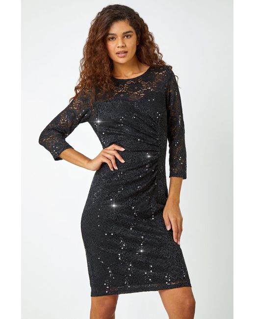 Roman Black Sequin Lace Ruched Stretch Dress