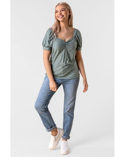 Roman Blue Sweetheart Gathered Broderie Top