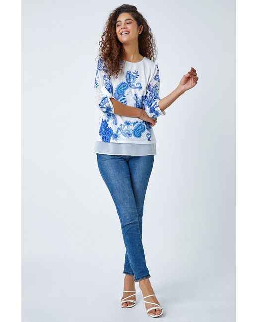Roman Blue Paisley Print Double Layer Top