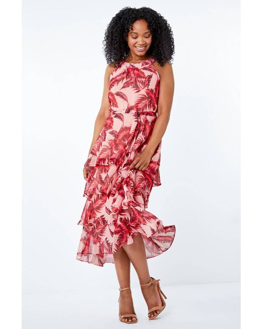 Roman Petite Pink Tiered Tropical Print Midi Dress