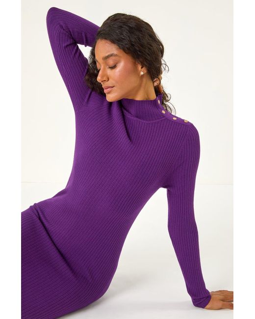 D.u.s.k Purple Fashion Ribbed Button Detail Knitted Midi Dress