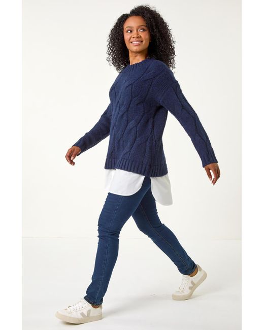 Roman Petite Blue Cable Knit Mock Shirt Jumper