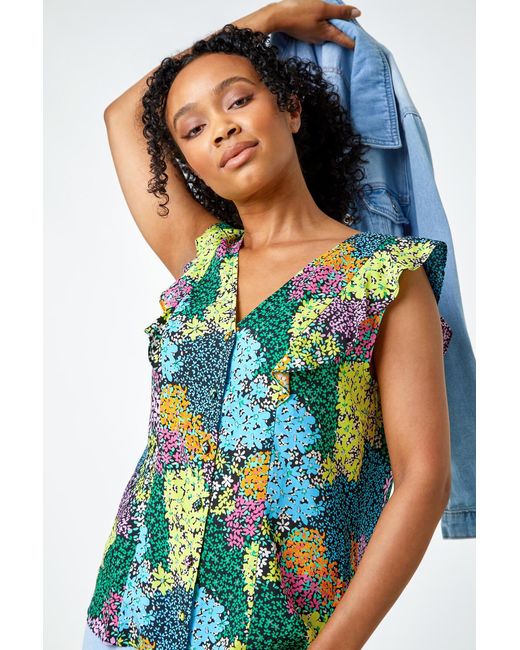 Roman Petite Blue Floral Frill Detail Button Top