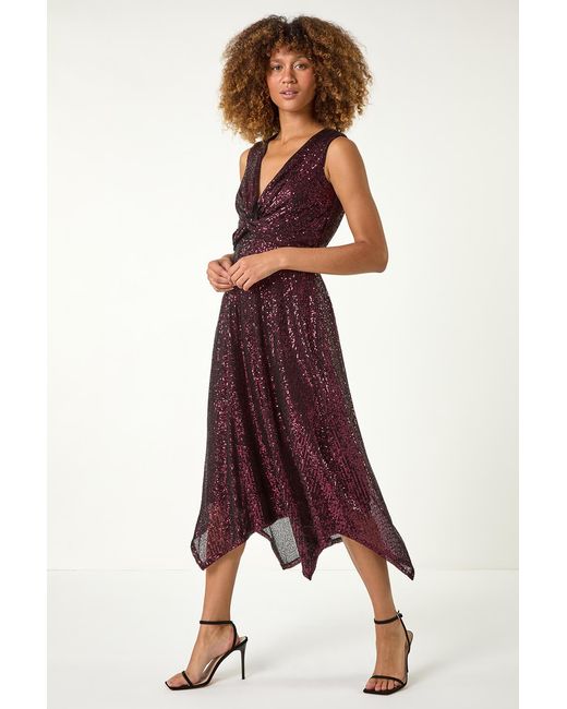 Roman Brown Sequin Wrap Twist Front Stretch Midi Dress